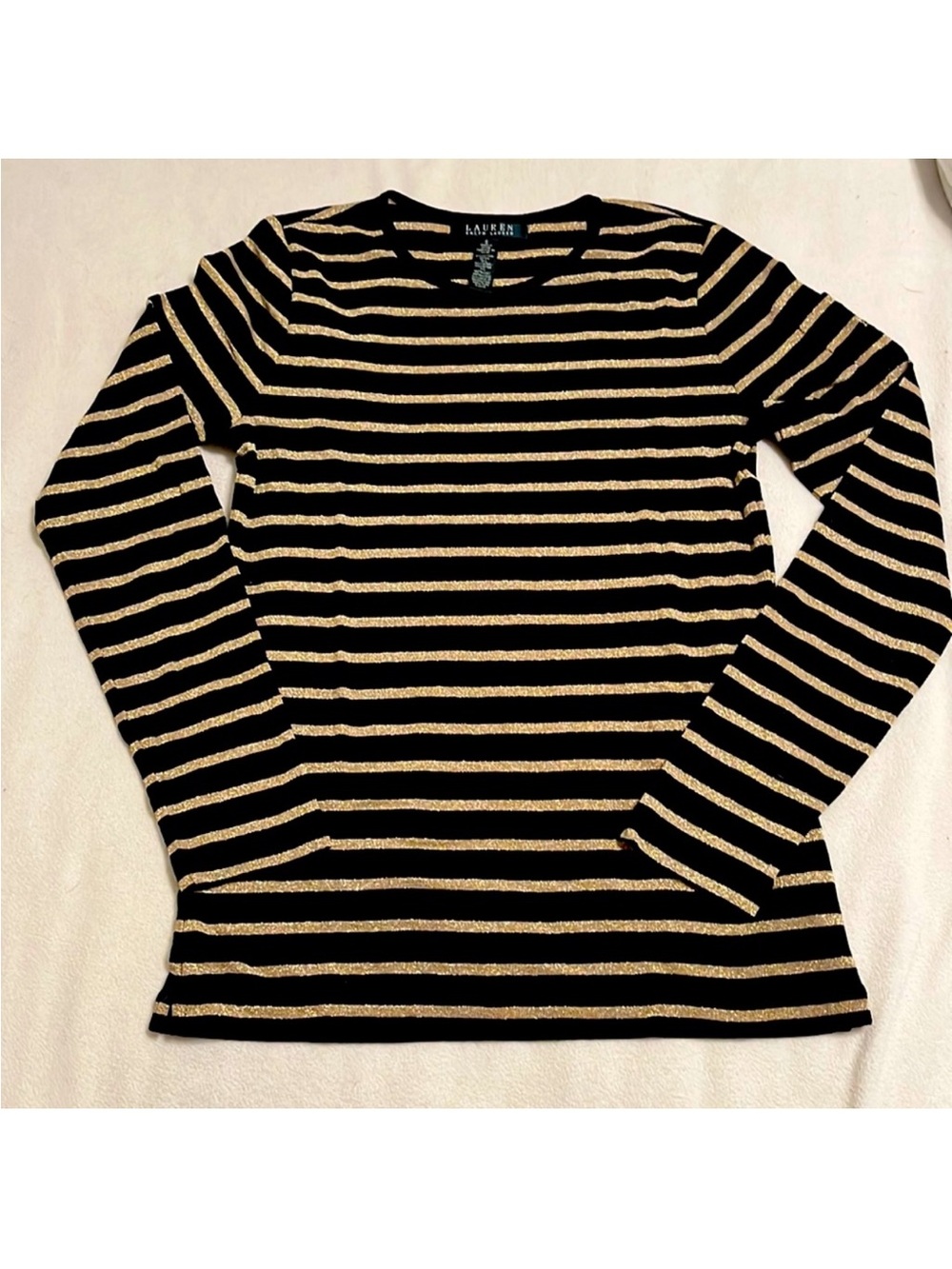 Ralph Lauren Black and Gold Metallic Stripe Long Sleeve Top
